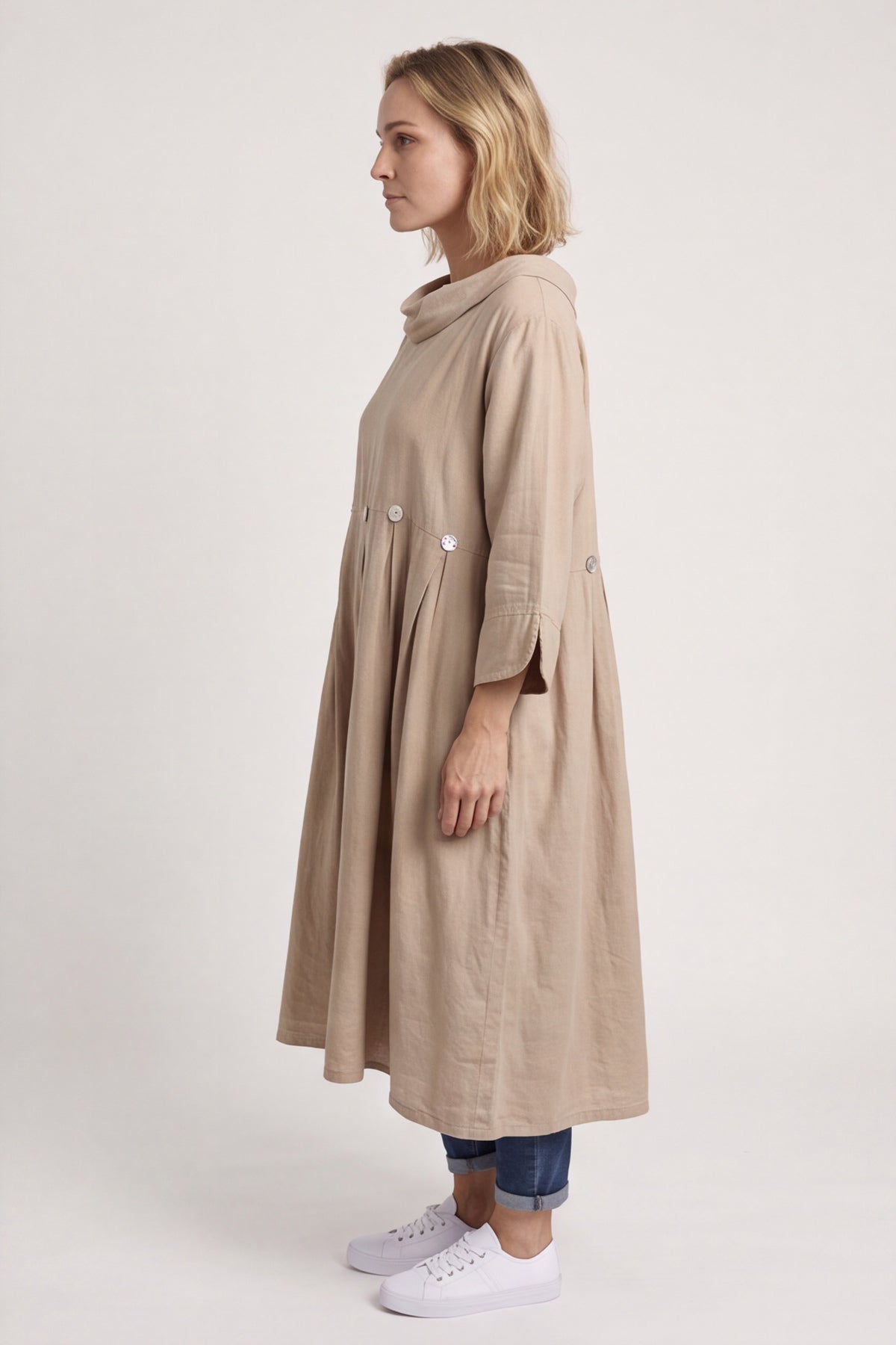 Cromer Button Detail Linen Dress Camel
