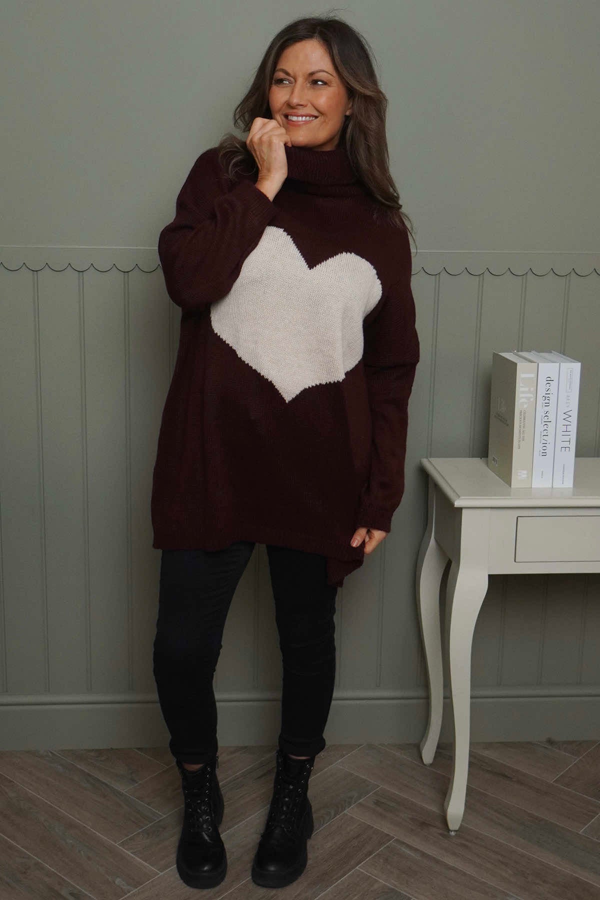 Azura Heart Polo Neck Jumper Wine
