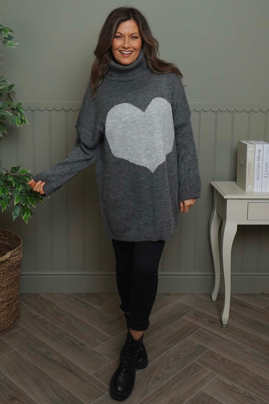Azura Heart Polo Neck Jumper Mid Grey