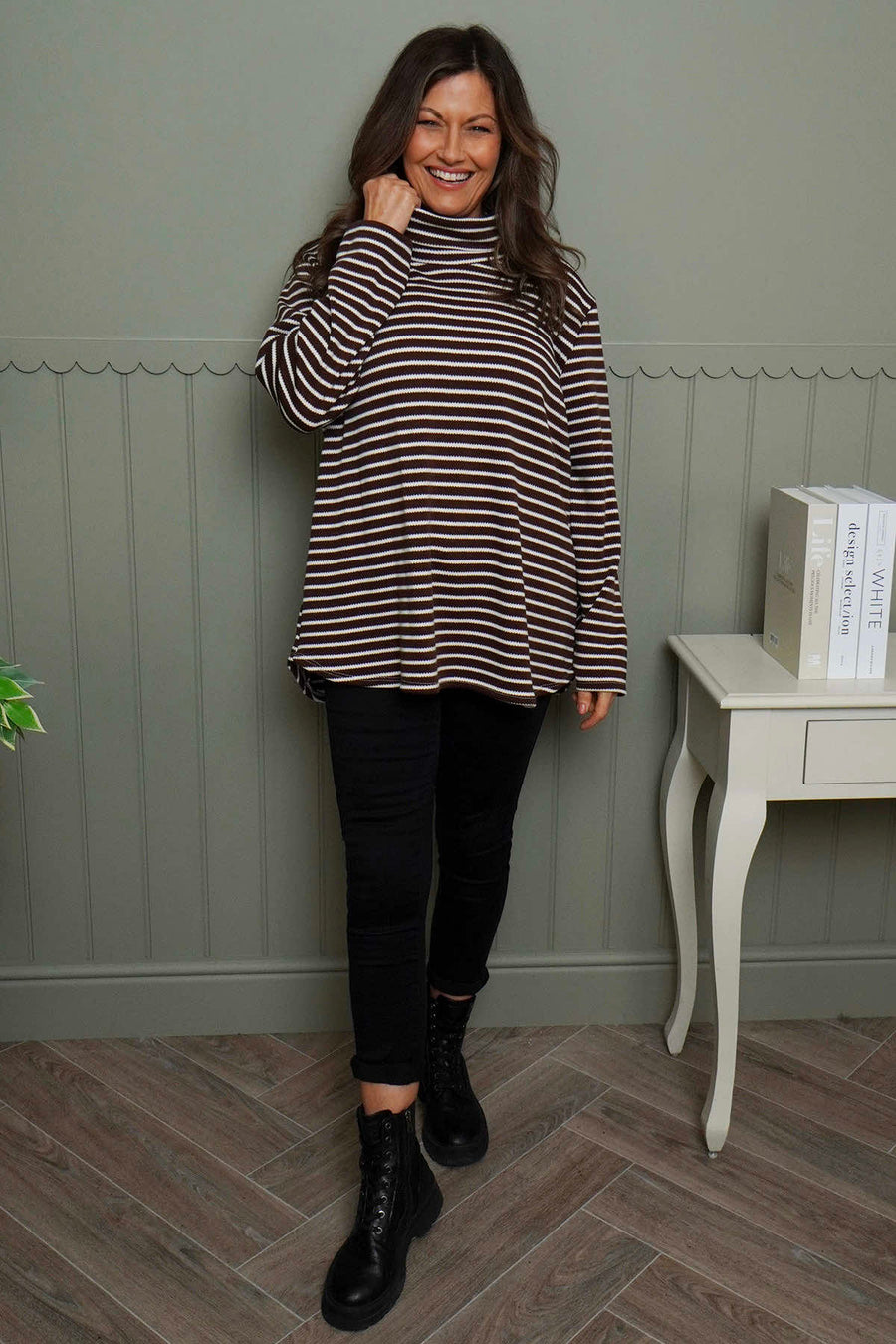 Dortha Stripe Cowl Knit Top Cocoa
