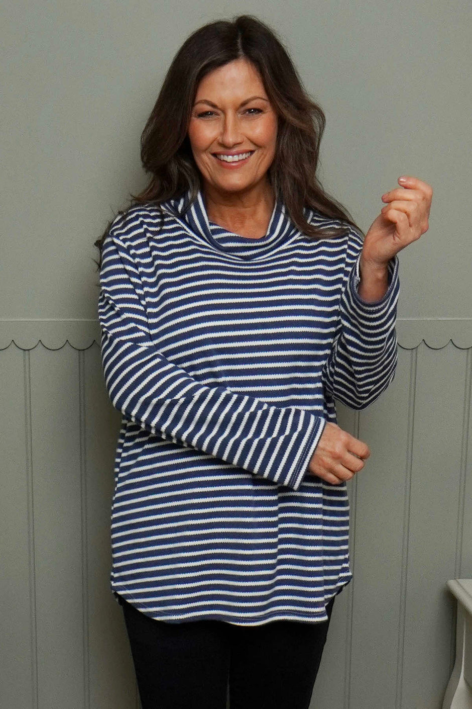 Dortha Stripe Cowl Knit Top Blue