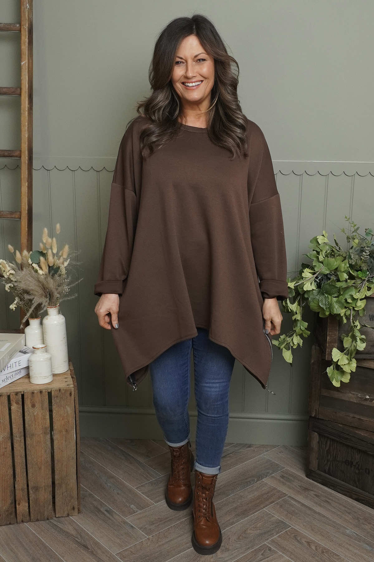 Lynne Zip Dipped Hem Top Cocoa