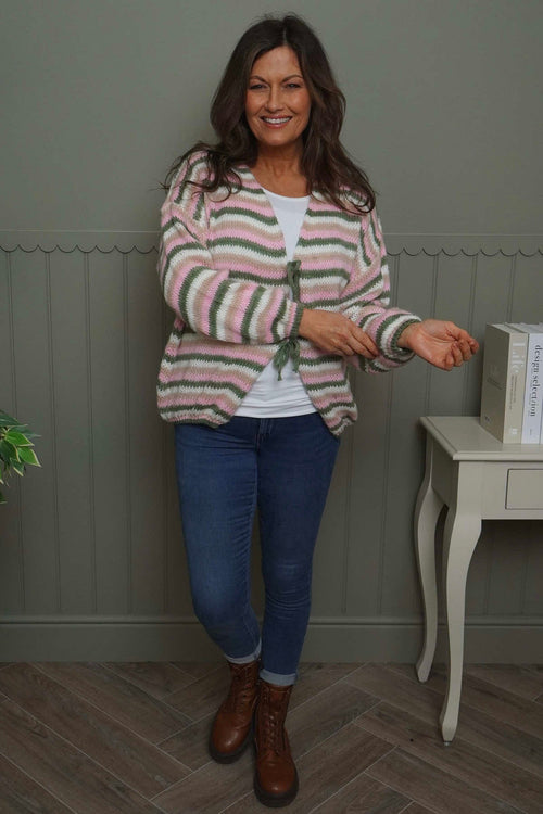 Merlyn Stripe Tie Knitted Cardigan Khaki - Image 1
