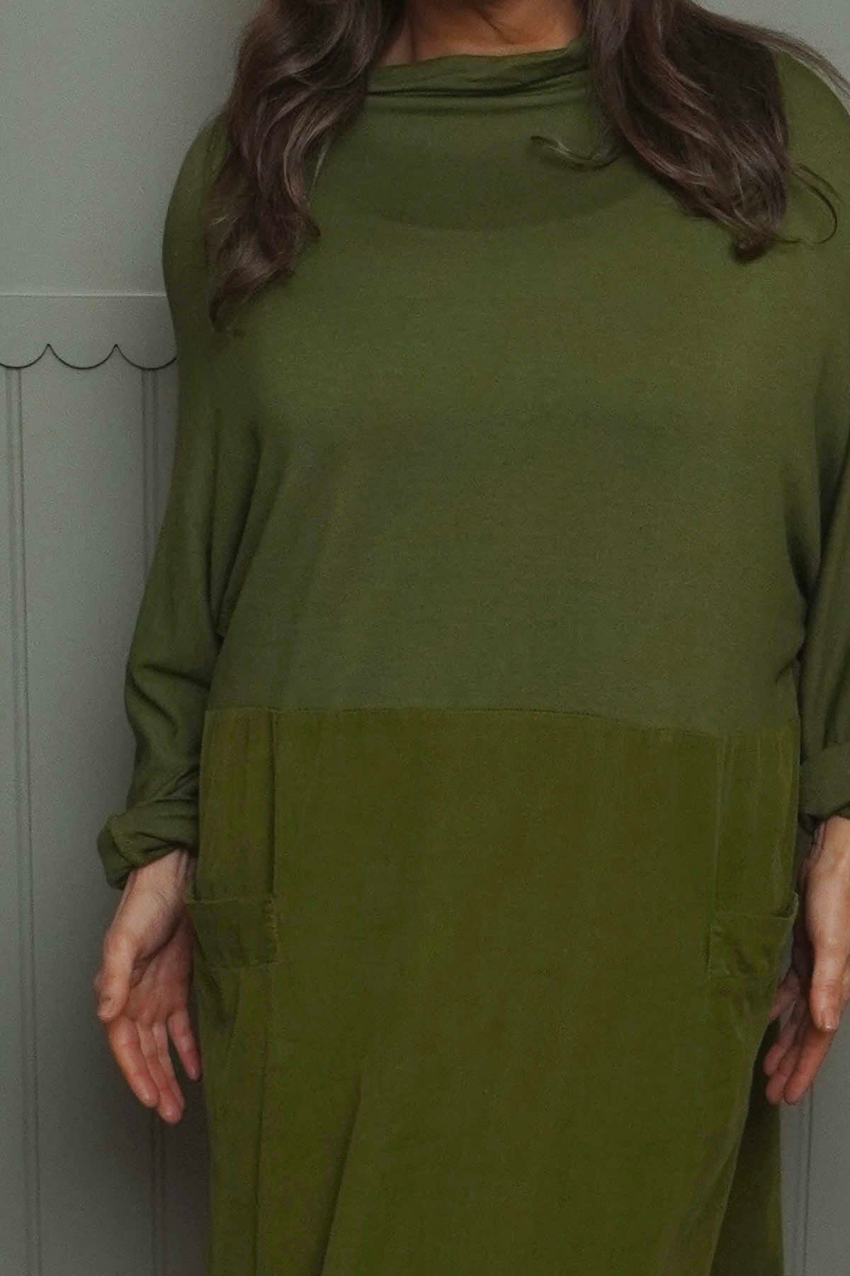 Libby Cowl Neck Cotton Dress Olive