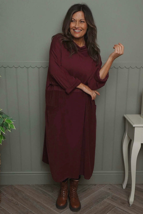 Wine Libby Cowl Neck Cotton Dress | Made In Italy