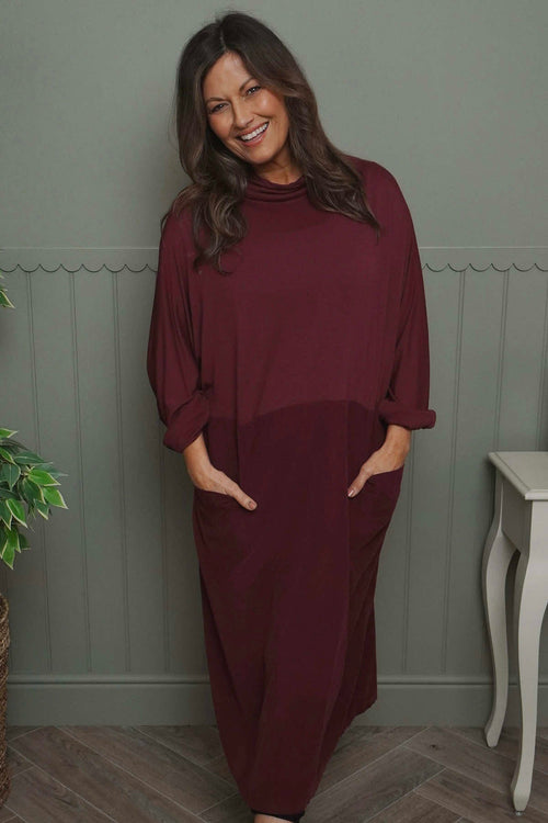 Libby Cowl Neck Cotton Dress Wine - Image 2