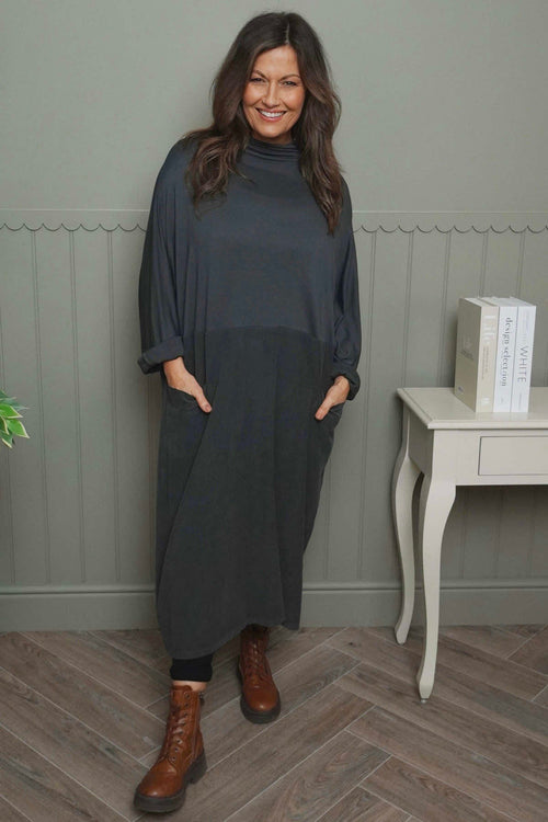 Libby Cowl Neck Cotton Dress Charcoal - Image 2