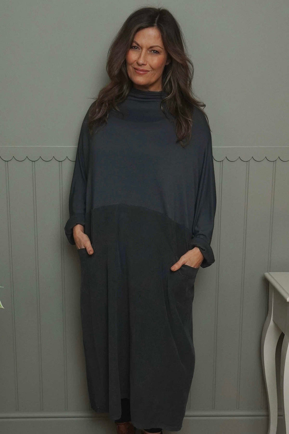 Libby Cowl Neck Cotton Dress Charcoal