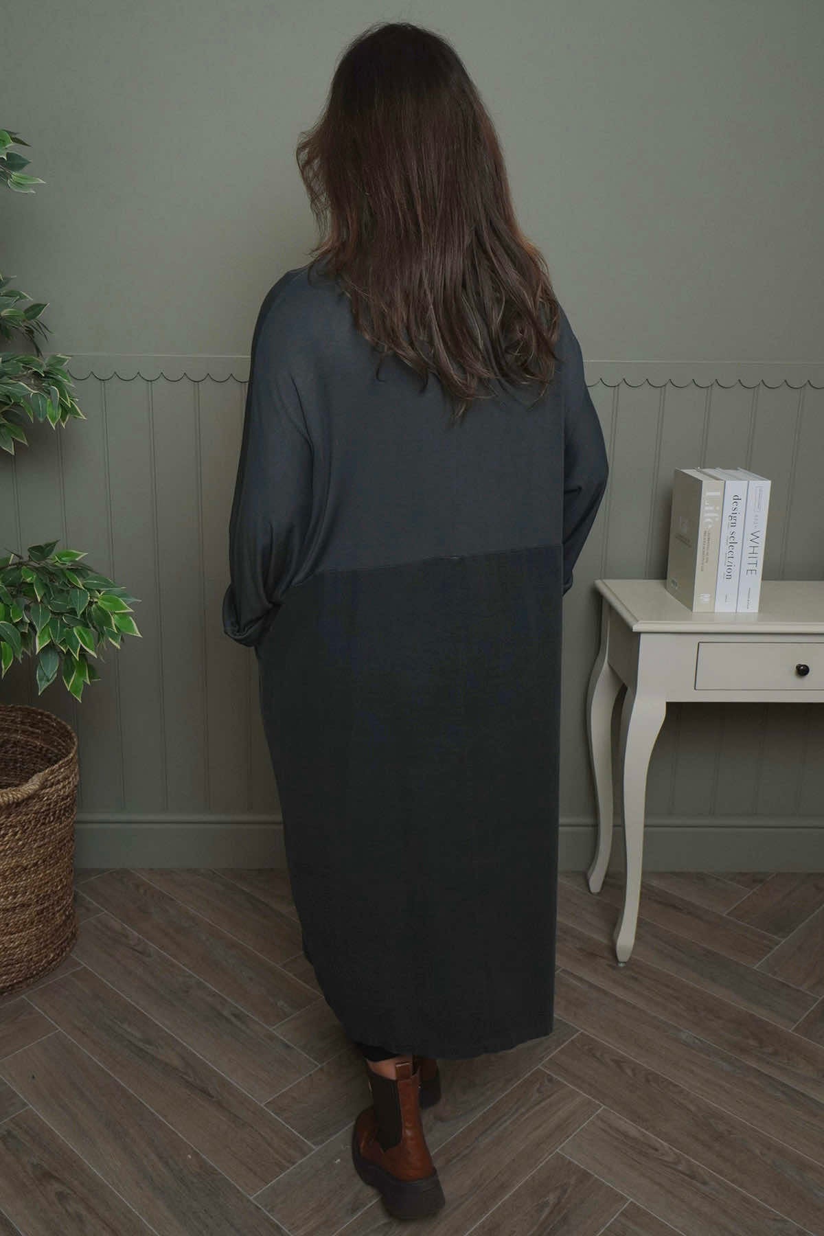 Libby Cowl Neck Cotton Dress Charcoal