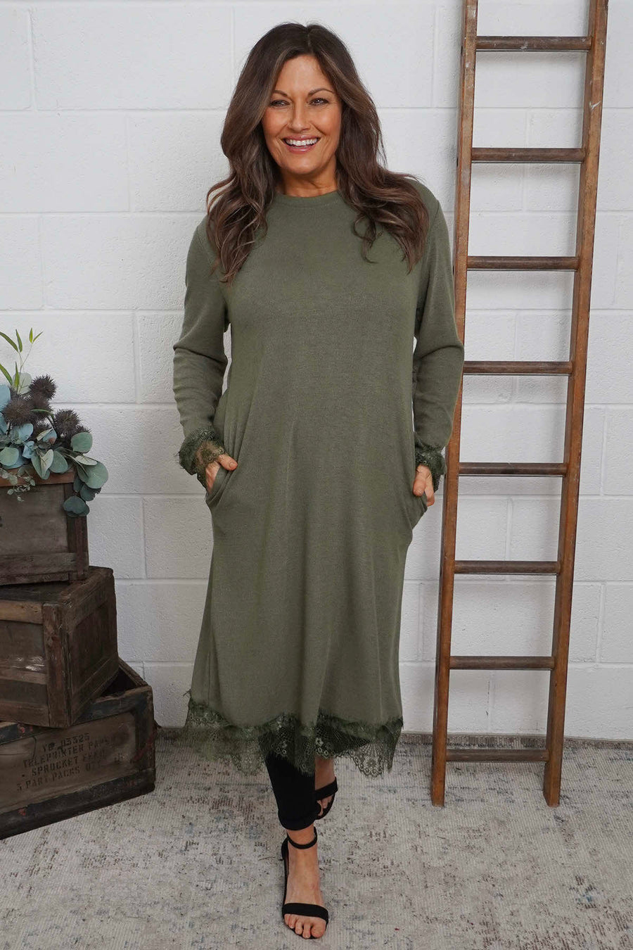Merinda Lace Detail Dress Khaki