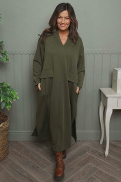 Clarissa V-Neck Cotton Dress Khaki