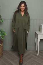Clarissa V-Neck Cotton Dress Khaki Khaki - Clarissa V-Neck Cotton Dress Khaki