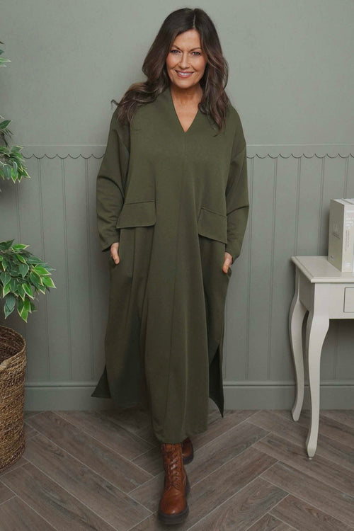 Clarissa V-Neck Cotton Dress Khaki