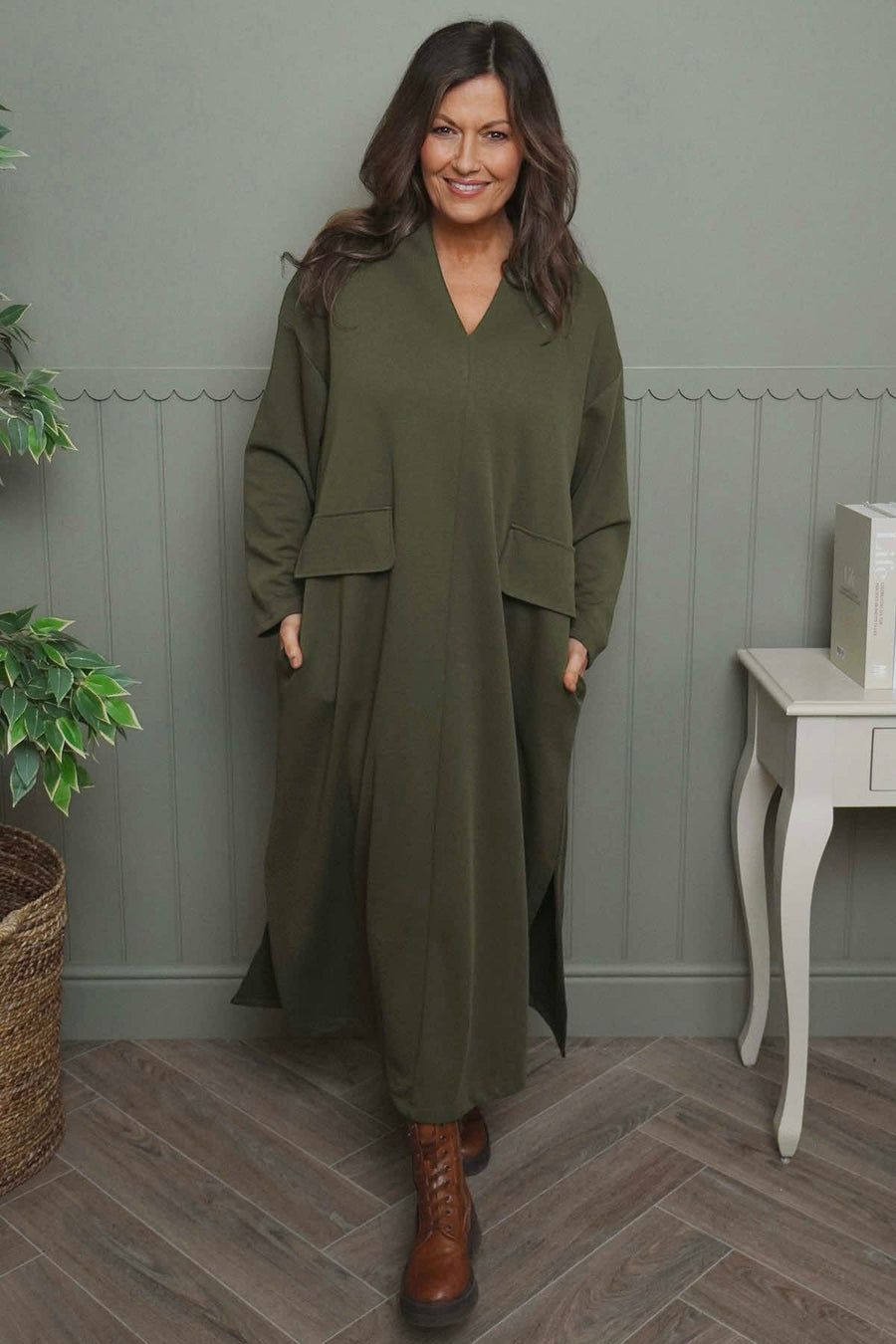 Clarissa V-Neck Cotton Dress Khaki