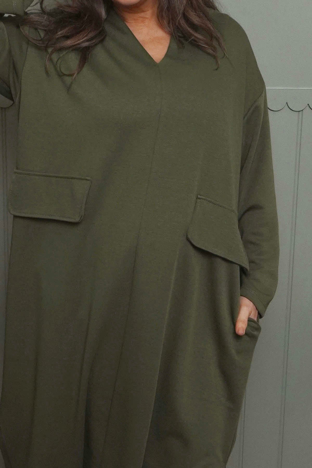 Clarissa V-Neck Cotton Dress Khaki