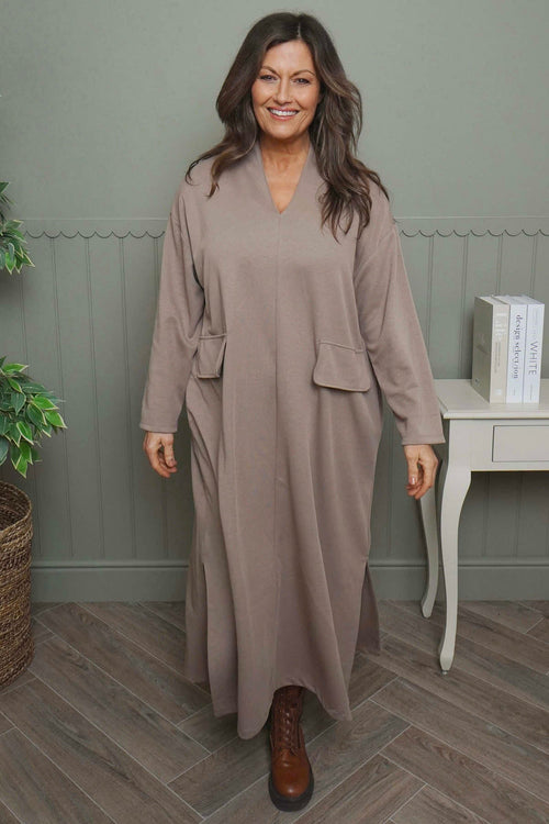 Clarissa V-Neck Cotton Dress Mocha - Image 1