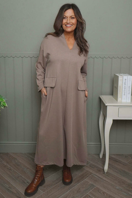 Clarissa V-Neck Cotton Dress Mocha - Image 2