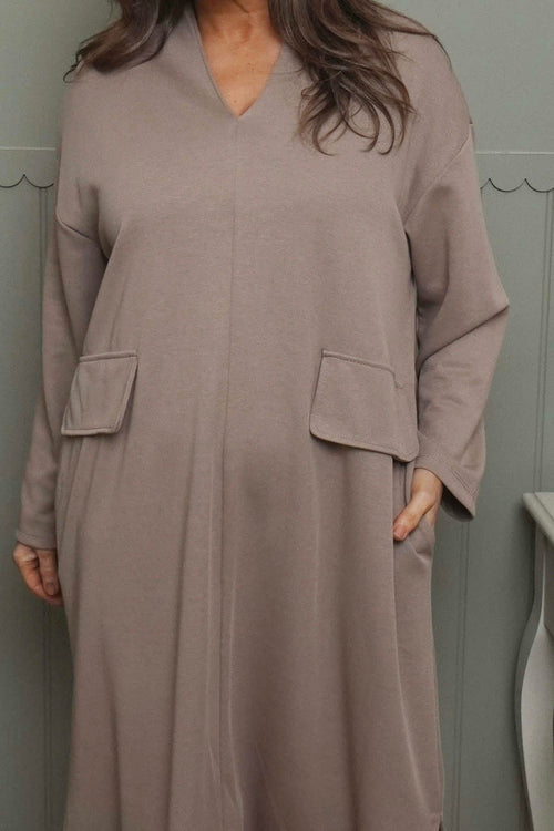 Clarissa V-Neck Cotton Dress Mocha - Image 3