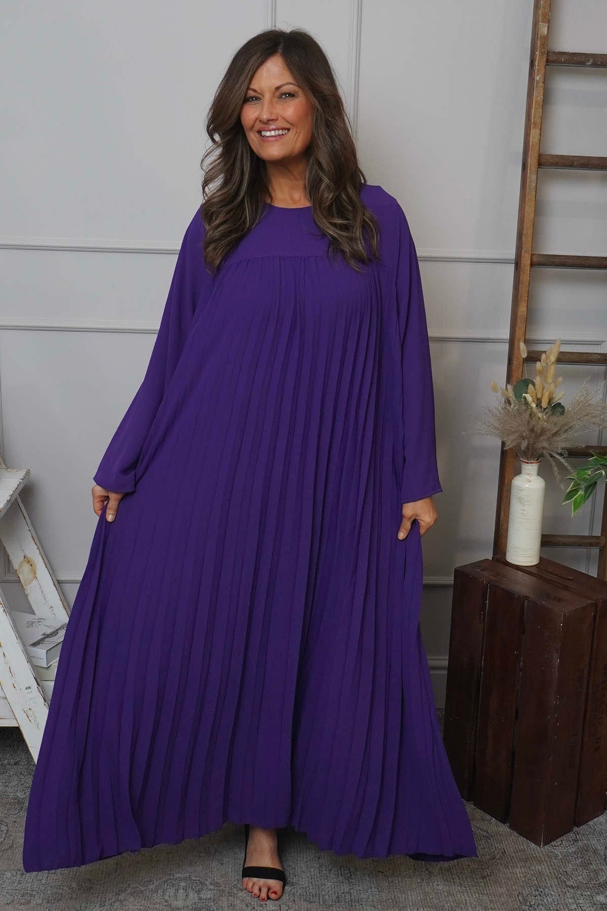 Renata Long Sleeve Pleated Dress Purple