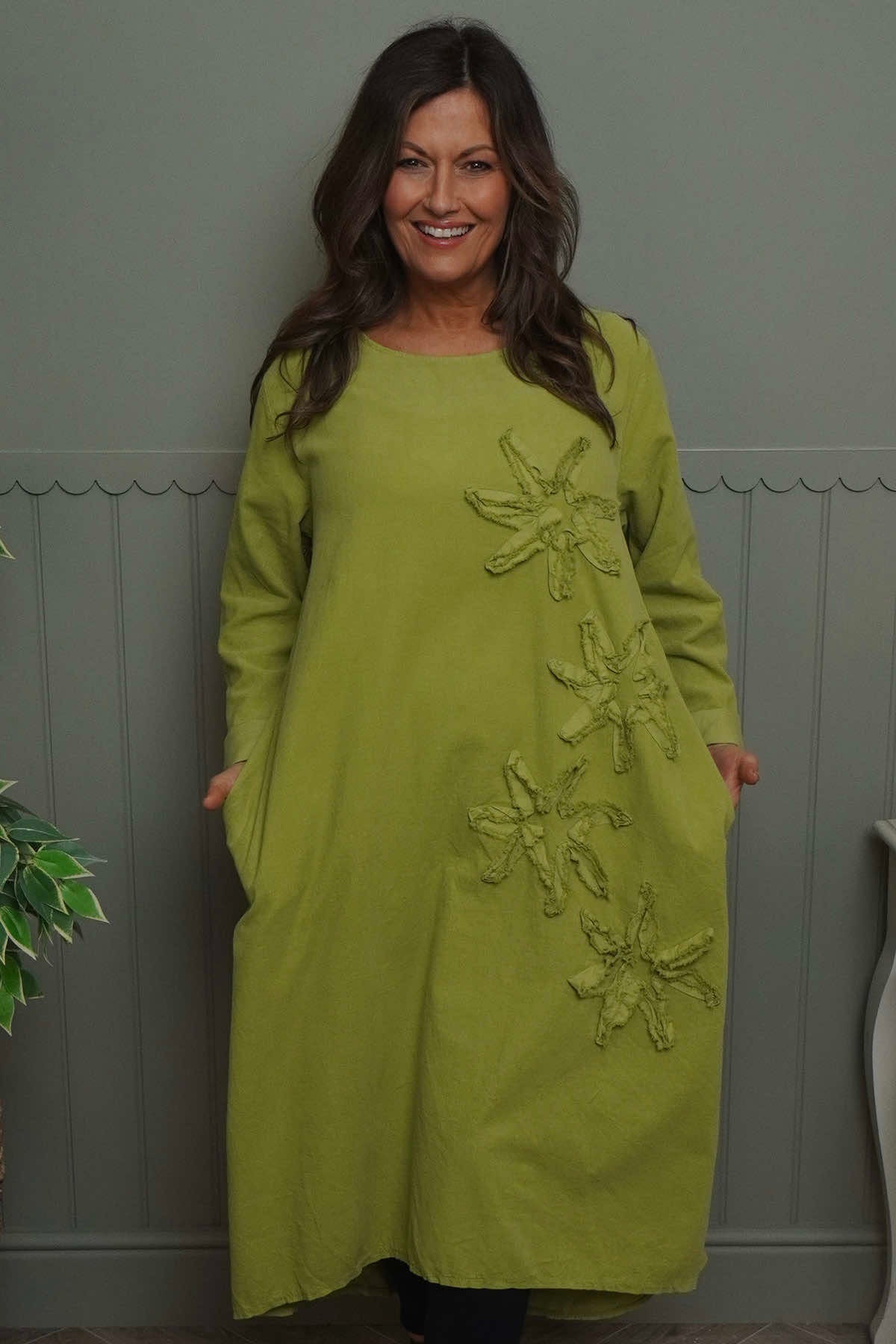 Florina Flower Patch Needlecord Dress Green