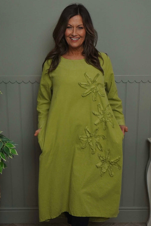 Florina Flower Patch Needlecord Dress Green - Image 2