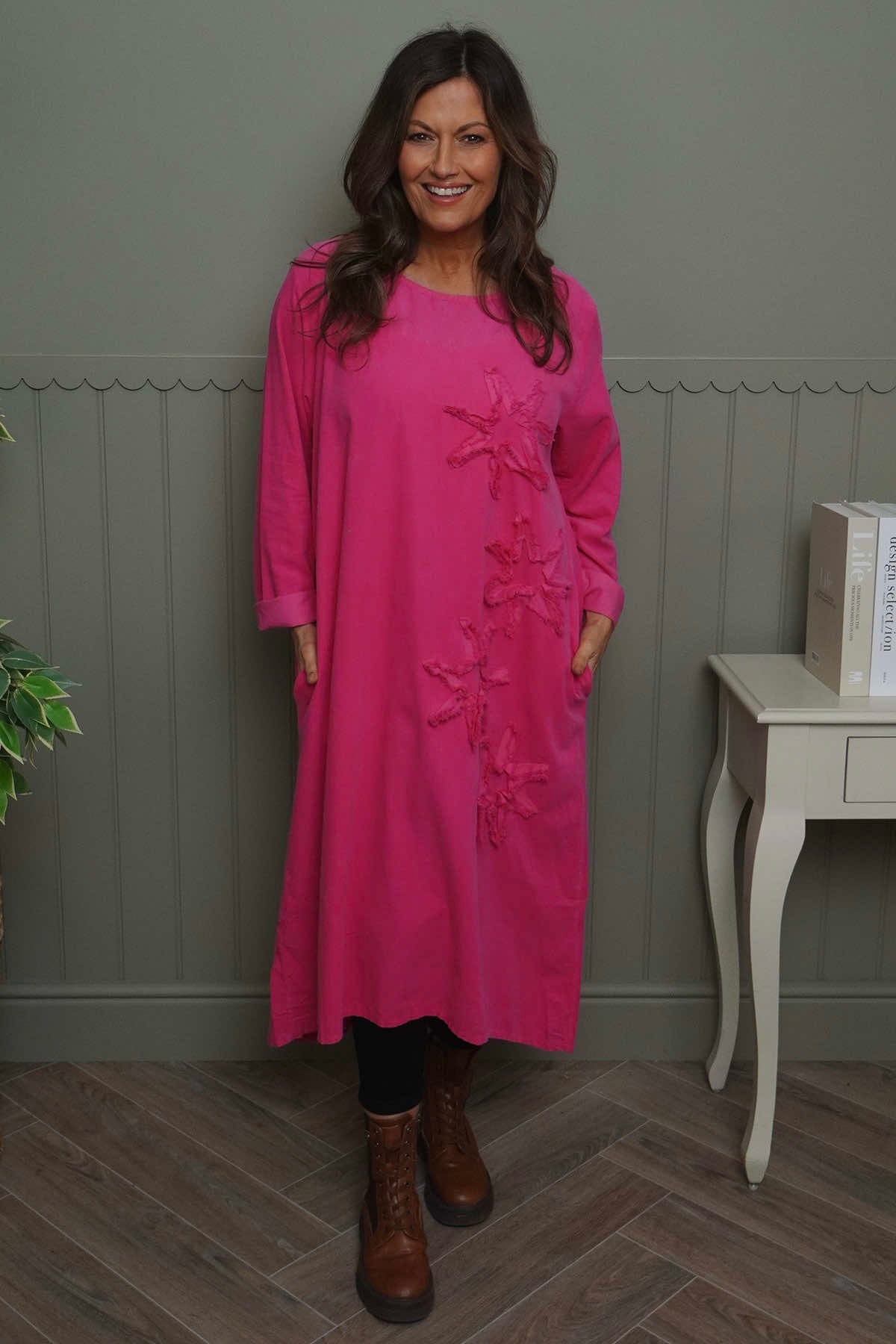 Florina Flower Patch Needlecord Dress Fuchsia