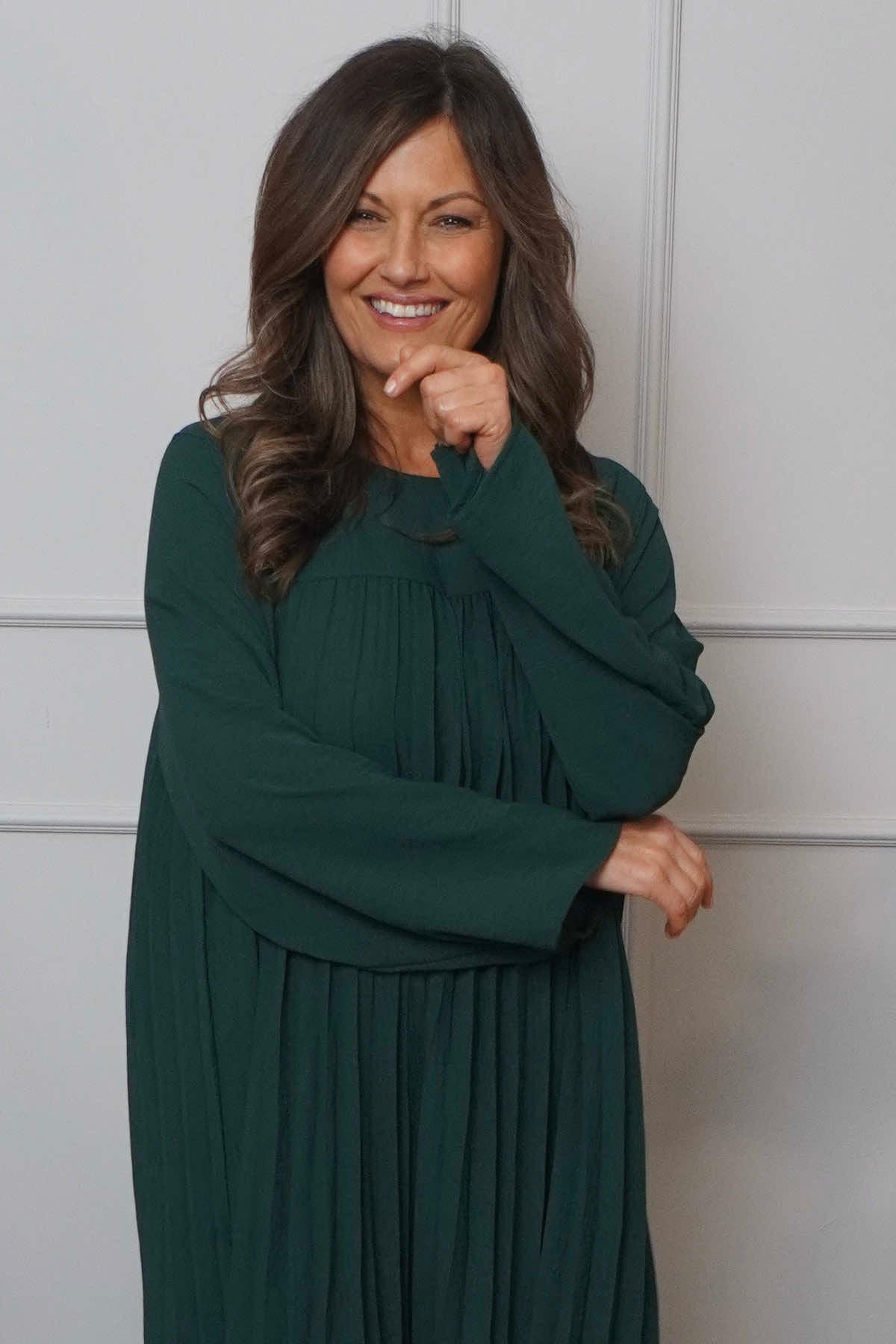 Renata Long Sleeve Pleated Dress Bottle Green