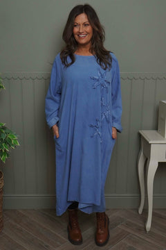 Florina Flower Patch Needlecord Dress Blue