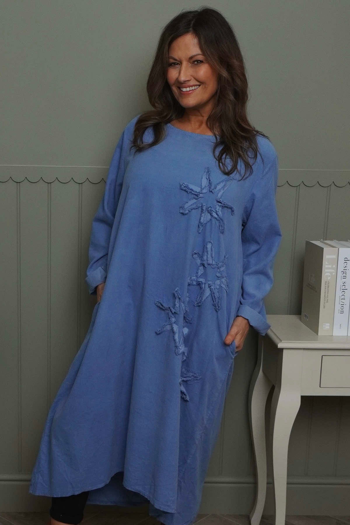 Florina Flower Patch Needlecord Dress Blue