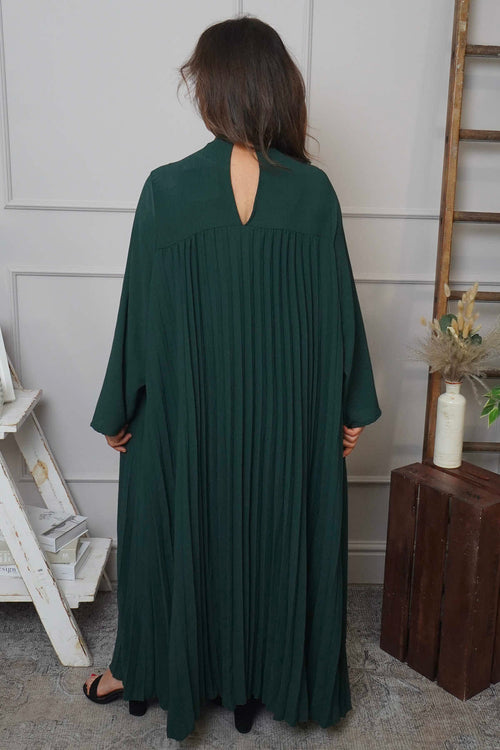 Bottle Green Renata Long Sleeve Pleated Dress | Made In Italy