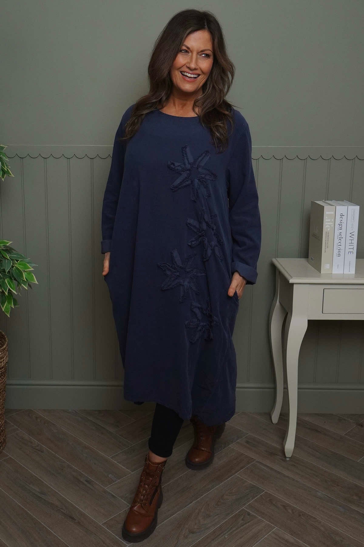 Florina Flower Patch Needlecord Dress Navy