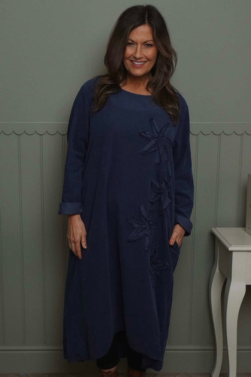 Florina Flower Patch Needlecord Dress Navy - Image 3