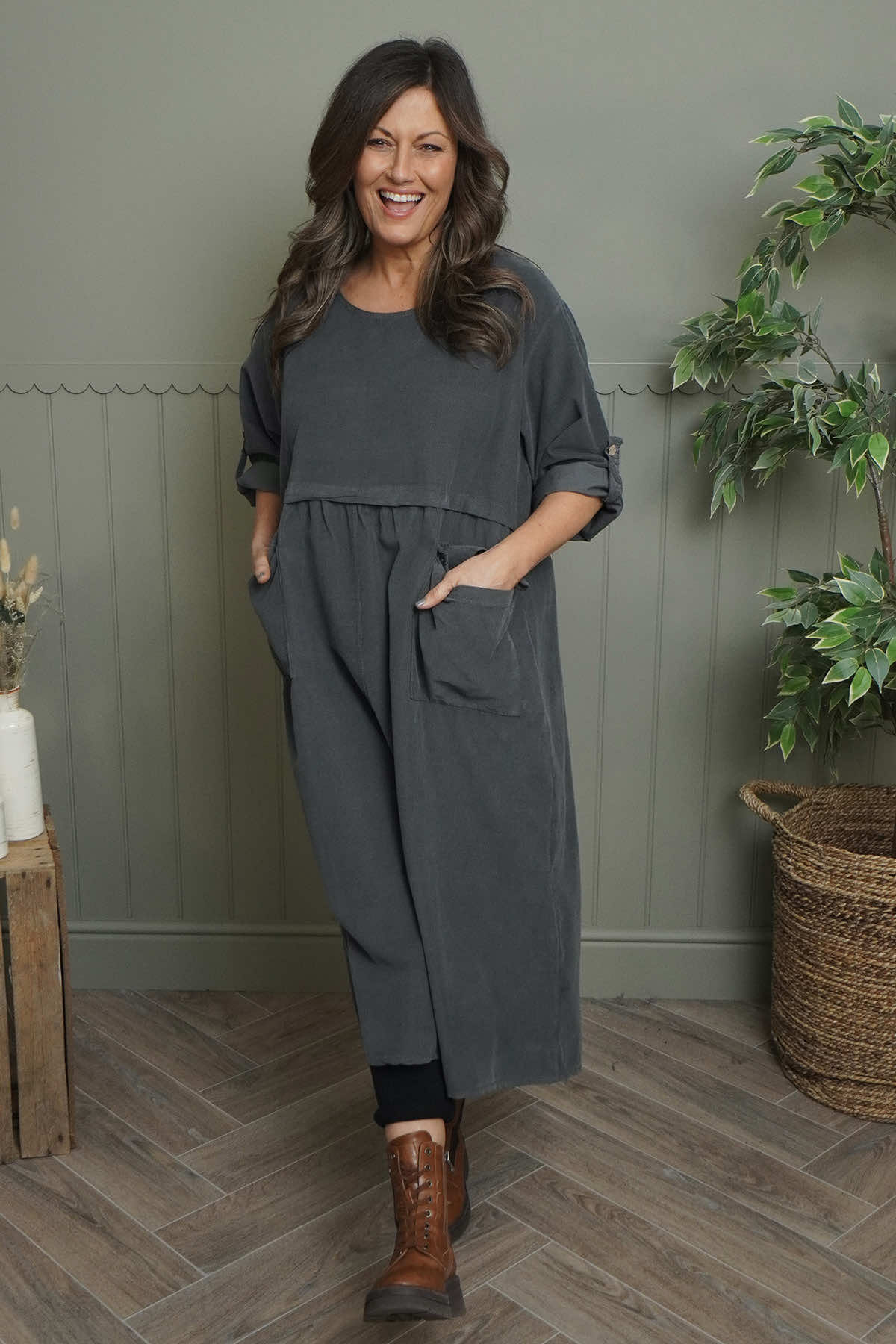 Etta Needlecord Dress Charcoal