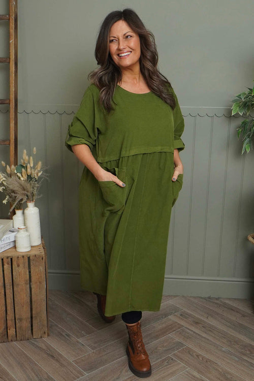 Etta Needlecord Dress Olive - Image 1