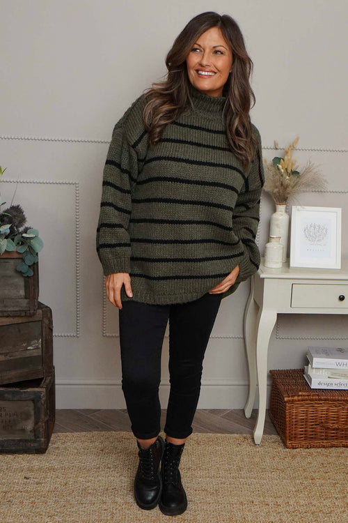 Joella Stripe Knitted Jumper Khaki - Image 2