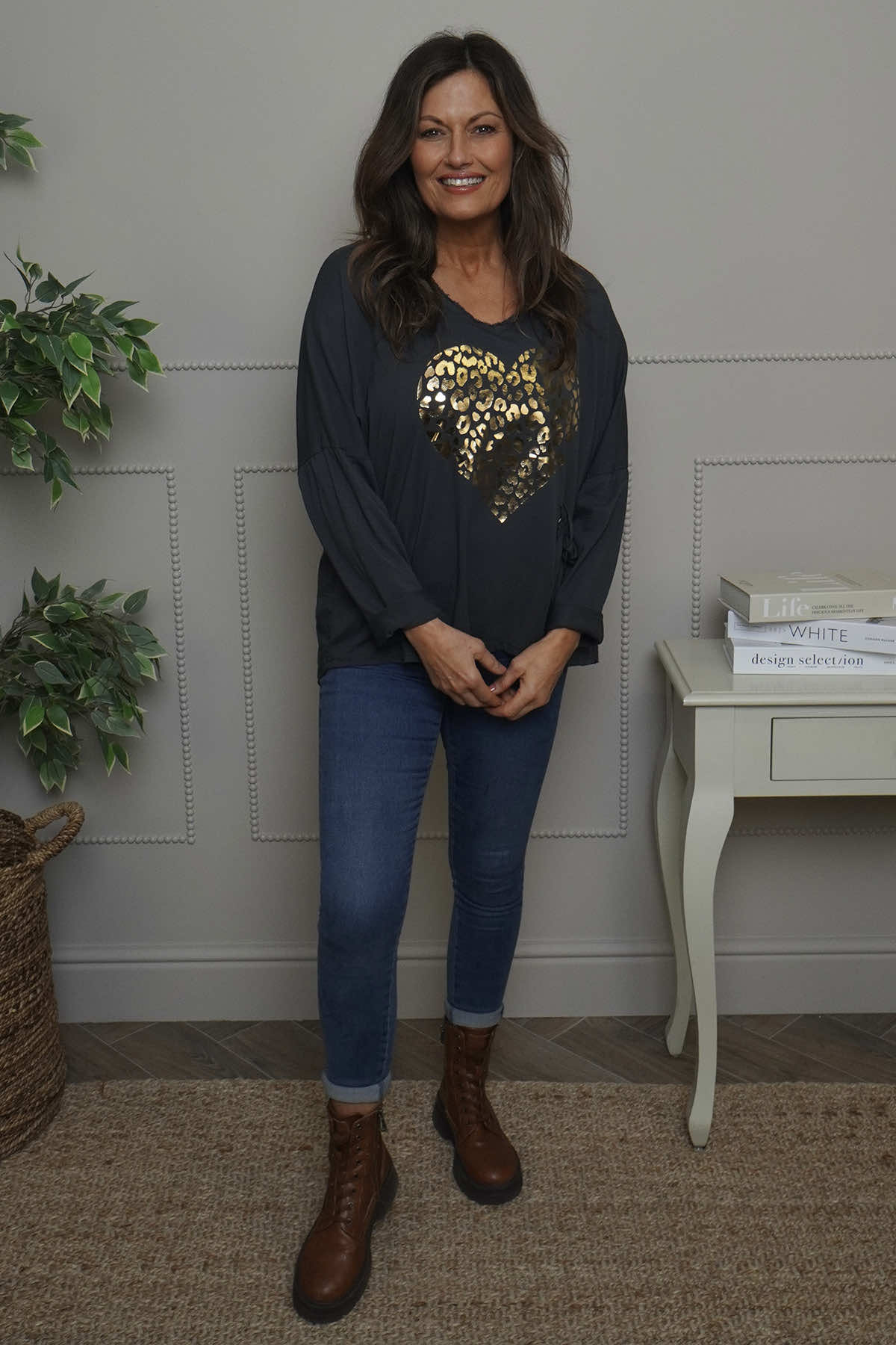 Cherie Heart Cotton Top Charcoal