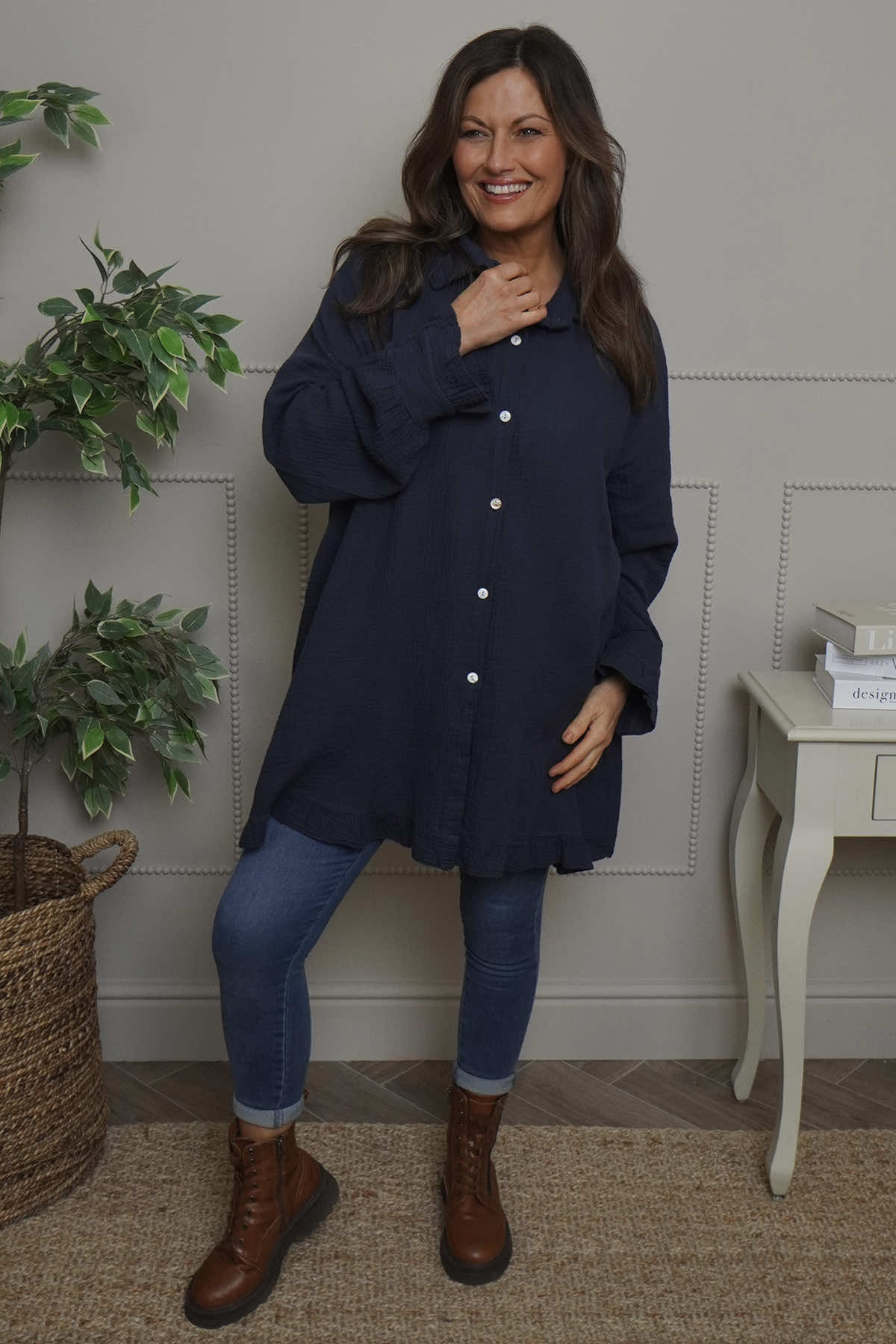 Krista Crinkle Cotton Shirt Navy