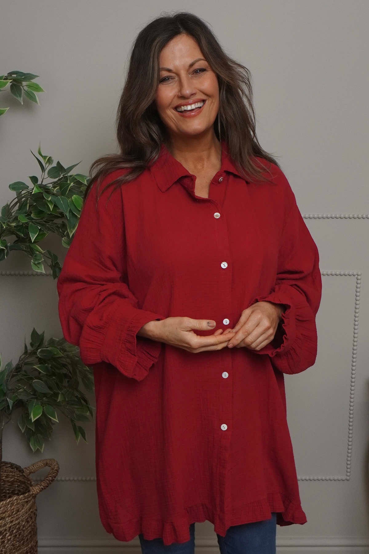 Krista Crinkle Cotton Shirt Red