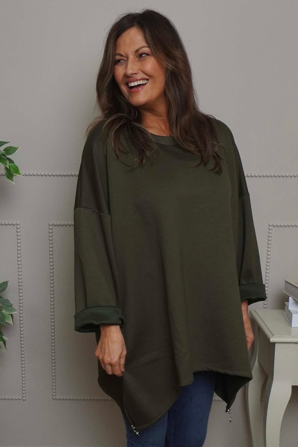 Lynne Zip Dipped Hem Top Khaki
