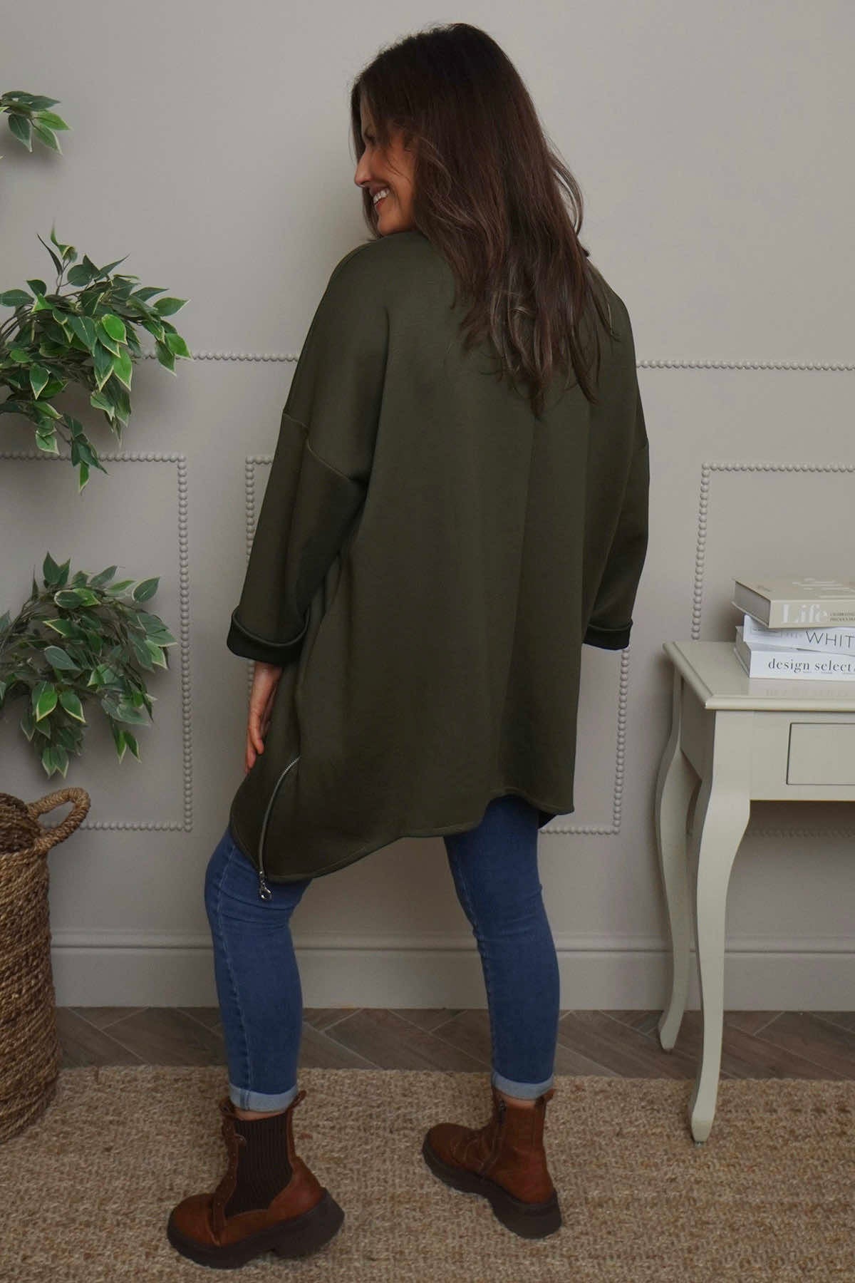 Lynne Zip Dipped Hem Top Khaki