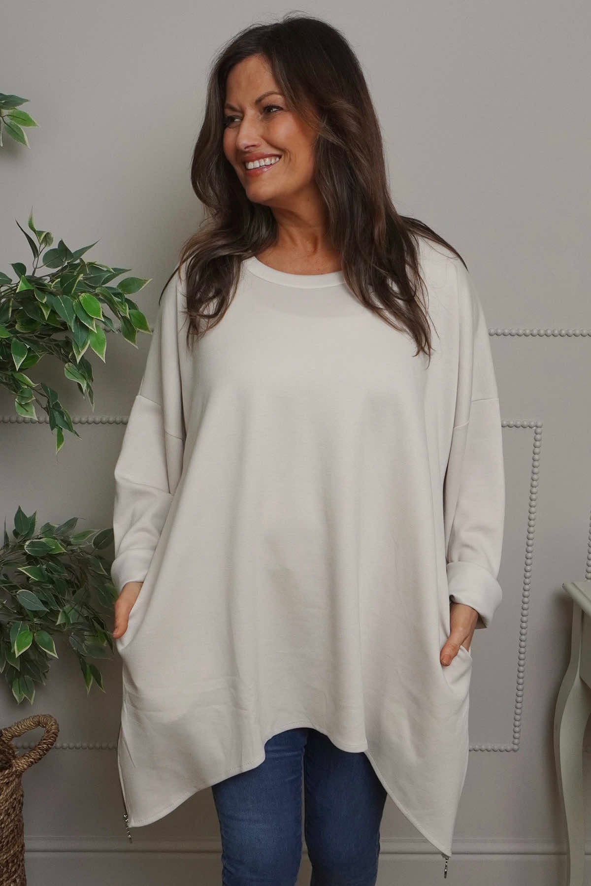 Lynne Zip Dipped Hem Top Stone