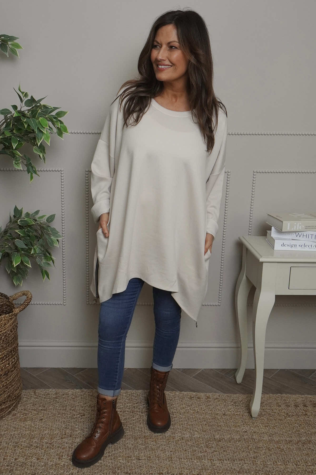 Lynne Zip Dipped Hem Top Stone