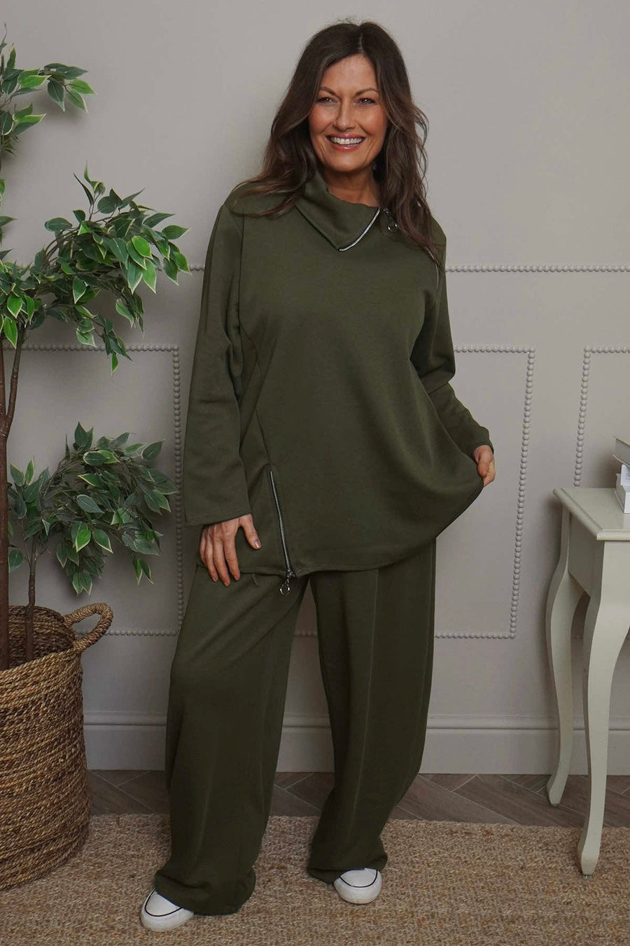 Shaye Zip Detail Cotton Top Khaki