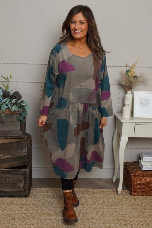 Dreda Print Needlecord Dress Teal - Image 1