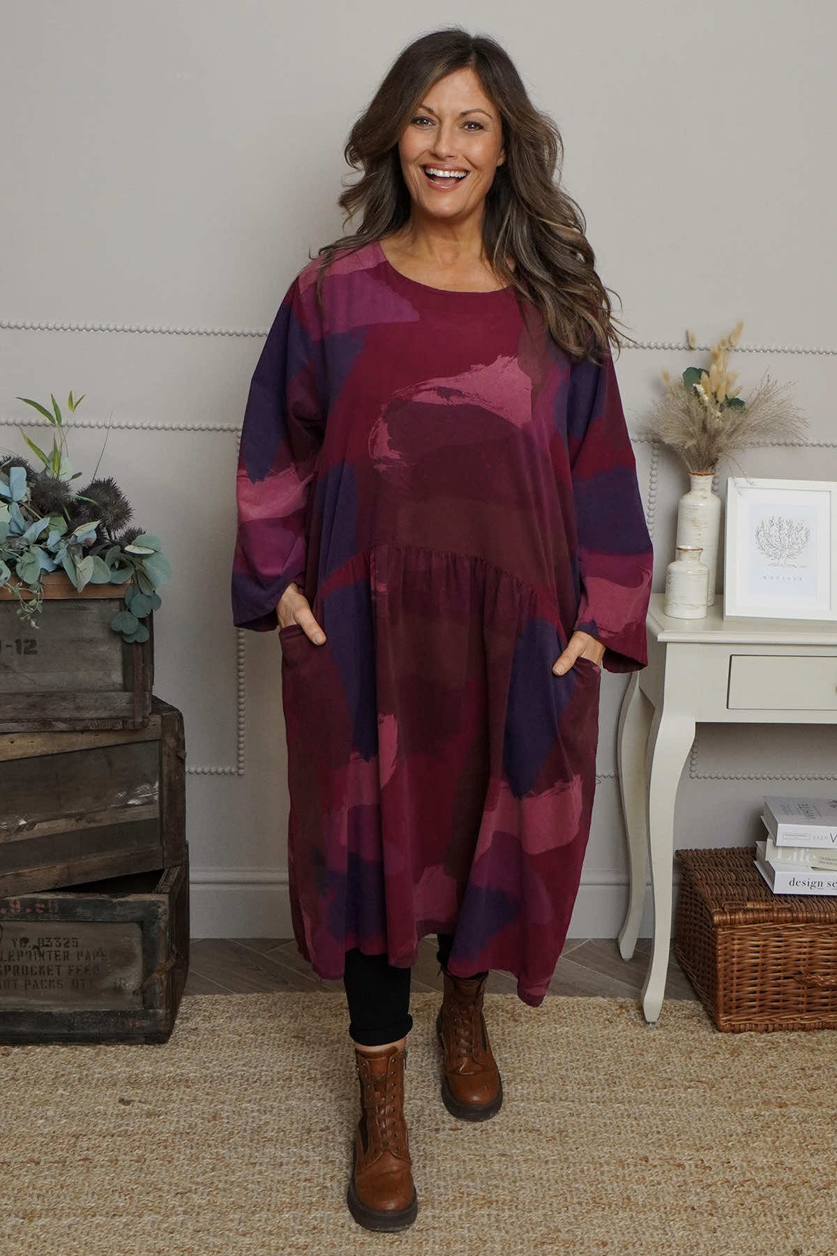 Dreda Print Needlecord Dress Burgundy