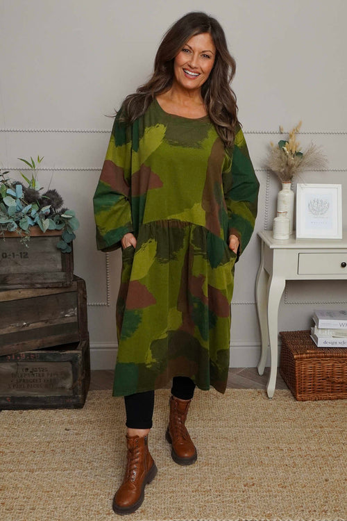 Dreda Print Needlecord Dress Olive - Image 1