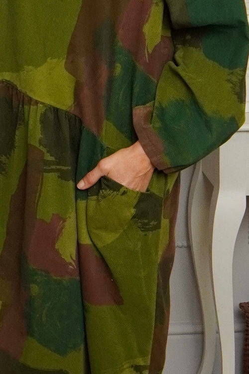 Dreda Print Needlecord Dress Olive - Image 2