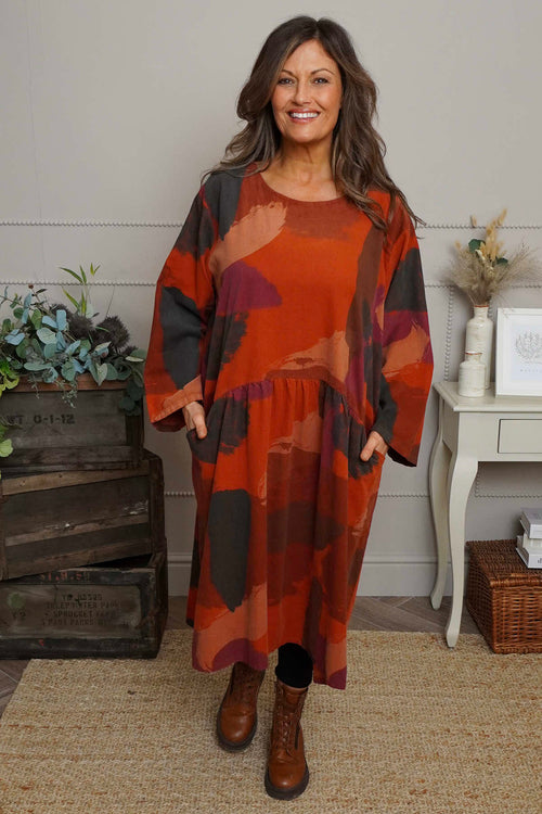 Dreda Print Needlecord Dress Burnt Orange - Image 3