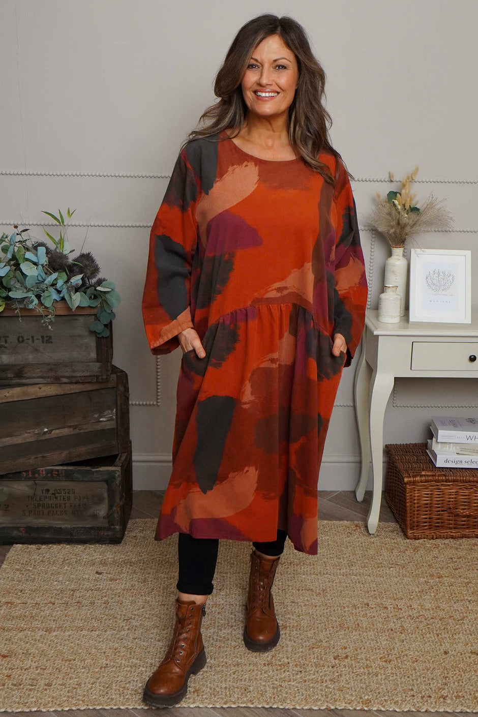 Dreda Print Needlecord Dress Burnt Orange