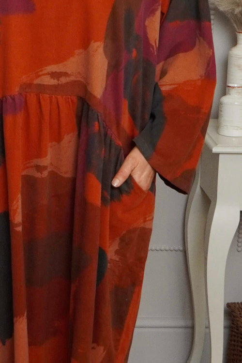 Dreda Print Needlecord Dress Burnt Orange - Image 2